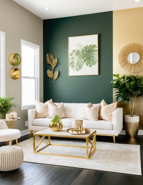 Green And Gold Lounge Ideas, Gray Black Green Living Room, Green And Brass Living Room, Green And Gold Living Room Ideas, Emerald And Gold Living Room, Dark Green Boho Living Room, Grey And Emerald Green Living Room, Dark Green And Gold Living Room, Green Black And Gold Living Rooms