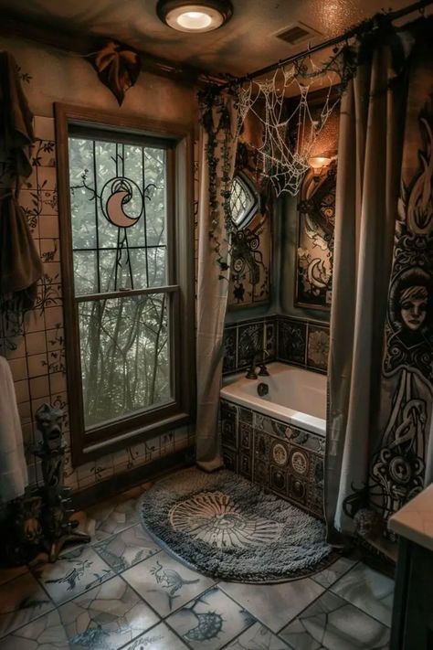 🌙 +20 Gothic Witchy Bathroom Ideas for a Dark, Elegant Look Witchy Cottagecore Bathroom, Witch Aesthetic Bathroom, Dark Mermaid Bathroom, Witchy Bathroom Ideas, Grunge Bathroom, Witchy Bathroom, Comfy Corner, Gothic Elegance, Gothic Novel