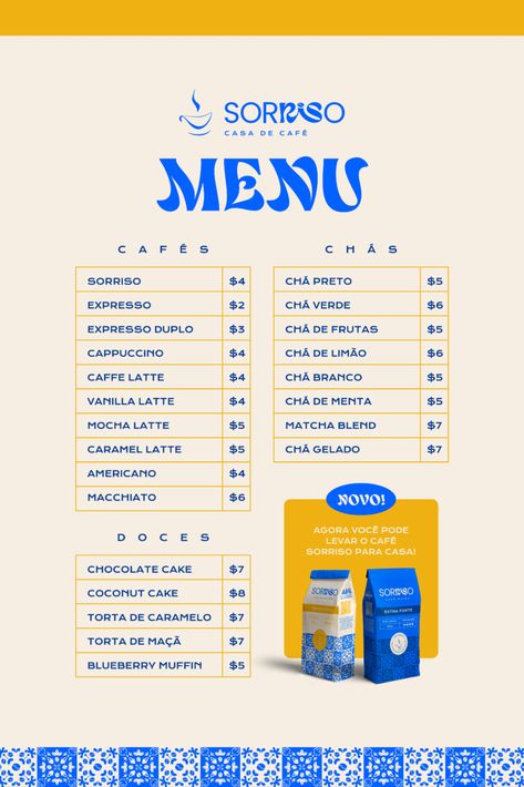 Menu design for a Portugal brand. The briefing included the need of a pattern based on the unique tiles that are traditional in Portugal, and I used the colors blue and yellow to represent that. Coffee Shop Menu Design, Shop Menu Design, Cafe Social Media, Brand Brief, Unique Tile Patterns, Unique Tiles, Coffee Shop Menu, Small Coffee Shop, Coffee Menu