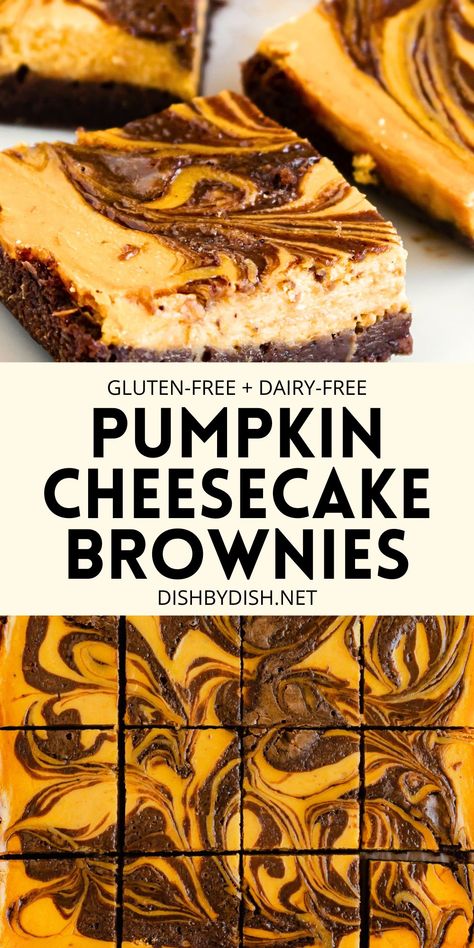 Collage of images of pumpkin cheesecake brownies Halloween Desserts Dairy Free, Dairy Free Pumpkin Cheesecake Bars, Fall Treats Gluten Free, Dairy Free Gluten Free Pumpkin Recipes, Gluten And Dairy Free Pumpkin Desserts, Gf Df Pumpkin Dessert, Gluten Free Pumpkin Brownies, Gluten And Dairy Free Pumpkin Recipes, Dairy Free Fall Desserts