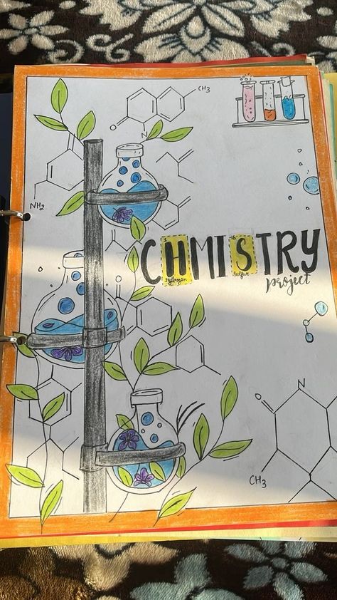 Project Cover Page Chemistry, Cover Page Of Chemistry Project, Chemistry Cover Page Design For Project, Science Index Page Design, Chemistry Notes Front Page, Cover Page For Project Chemistry, Assignment Aesthetic Ideas, Chemistry Portfolio Cover Page, Chemistry Project Design