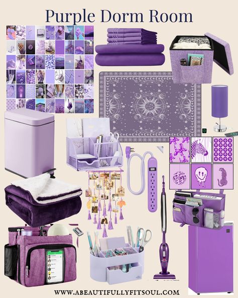 Purple dorm room esthetic, purple dorm room decor ideas.