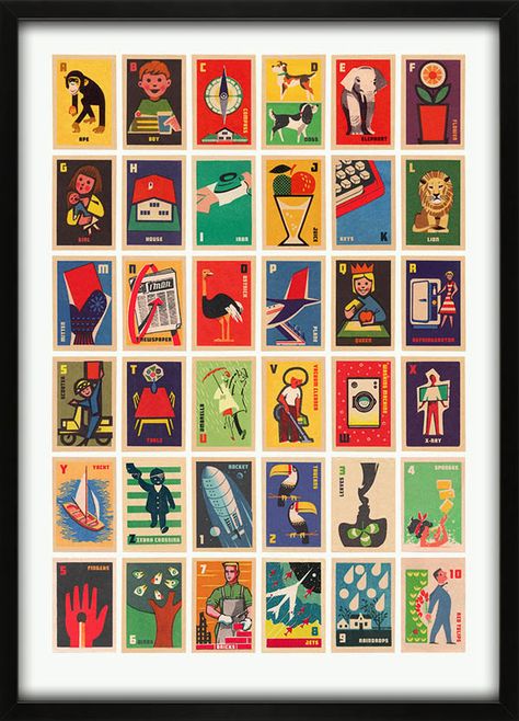 Vintage Matchbox Labels A to Z - Illustrated Alphabet Print by 67 Inc - WE AND THE COLOR Illustrated Alphabet, Matchbook Art, Matchbox Label, Mid Century Illustration, Matchbox Art, Match Box, Alphabet Art, Simple Illustration, Alphabet Print