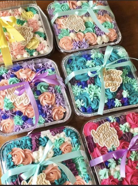 Mini Cakes In Aluminum Pans, Mother’s Day Bakery Treats, Mother’s Day Bake Sale Ideas, Mother’s Day Mini Tin Cakes, Mother Day Sweets Ideas, Mini Sheet Cakes, Mothers Day Food Gifts, Mini Loaf Cake Decorating Ideas, Mini Cookie Cake Designs