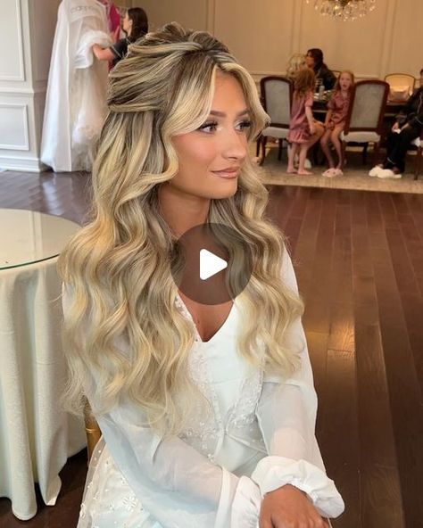 Theresa Mazza Bridal Hair on Instagram: "The most perfect bridal hair and makeup 🤌🏻  Hair: @theresa_theposhbride  Makeup: @stephrosemua  Venue: @valleyregencynj   #valleyregency #njbridalhair #halfup #halfdown #halfuphalfdownhairstyle #bridalhairdo #halfupdo #blondeinspo #weddingmakeupideas #hairinspo #blondebombshell #njvendors #njvenue #bridalhairstyling #bridalhairstyleideas #parkchateau #cedarlakesestate #destinationweddinghairstylist #destinationbride #bellamihair #weddingday #weddinginspo" Half Up Side Part Wedding Hair, Wedding Hair Down Extensions, Half Up Half Down Volume Wedding Hair, Bridal Hair With Strapless Gown, Bridal Half Up With Veil, Blonde Bride Hair Down, Half Up Volume Wedding Hair, Half Up Half Down Hair Wedding Veil, Blonde Glam Waves