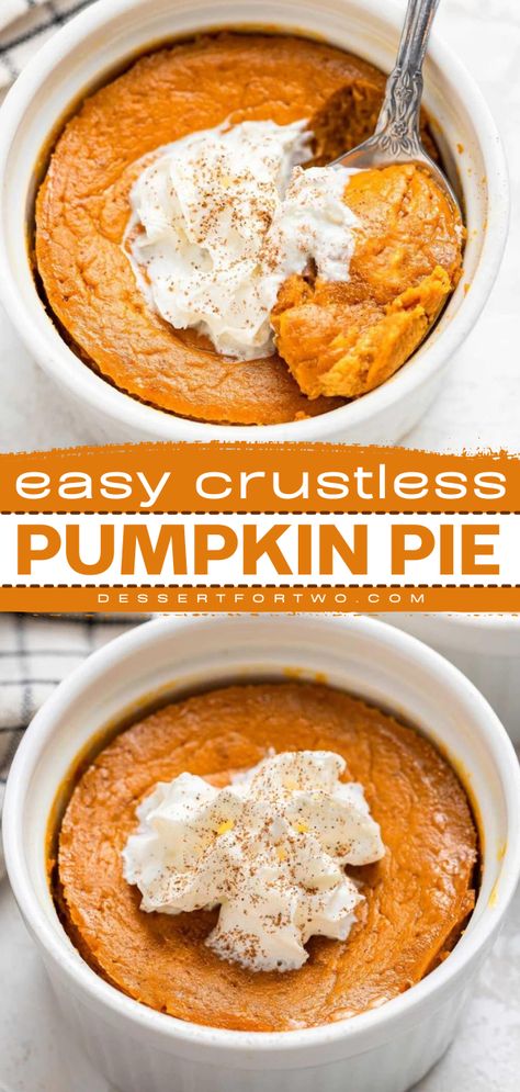 Everyone will love this pumpkin pie recipe listed on your easy Thanksgiving sweet treats! This crustless pumpkin pie is so easy to make and tastes exactly the same without the crust! One of the best pumpkin foo ideas ever! Pumpkin Mug Pie, Dessert Recipes In Ramekins, Pumpkin Dessert For One, Pumpkin Pie For 2, Desserts For Ramekins, Easy Ramiken Desserts, Pumpkin Pie In Ramekins, Ramekin Pumpkin Pie, Mini Ramiken Recipes