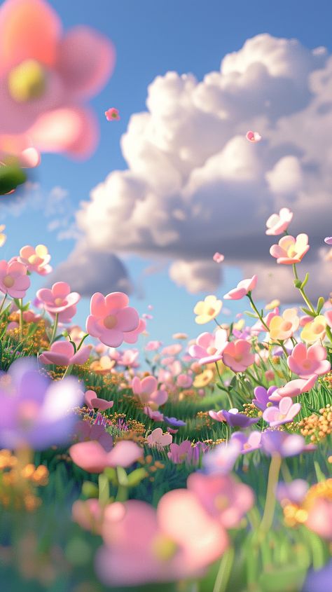 3D rendering in a cartoon style using a clay material, of a cute and colorful spring flower landscape background with grass on the ground . Clouds are floating above in a pastel colored scene with soft lighting. The rendering was done with blender and C4d using an OC renderer at high detail and 8K resolution. --ar 9:16 Cute 3d Backgrounds, 3d Art Landscape, Blender 3d Landscape, Spring 3d Art, 3d Scene Design, Background 3d 3d Wallpaper, How To Render Art, Blender Landscape, Light Color Wallpaper