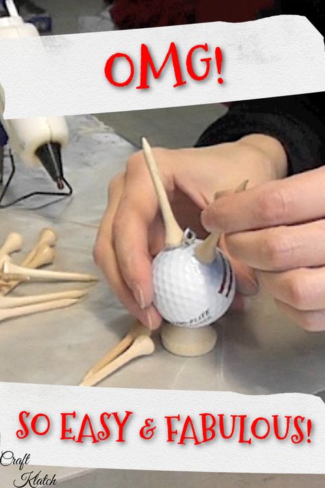 golfball and golf tees Golf Tee Christmas Ornaments, Diy Golf Ball Crafts, Golf Tee Crafts Diy, Golf Tees Crafts, Golf Crafts Diy, Golf Club Crafts Diy, Crafts With Golf Balls, Golf Balls Crafts Ideas, Golf Ball Art Diy