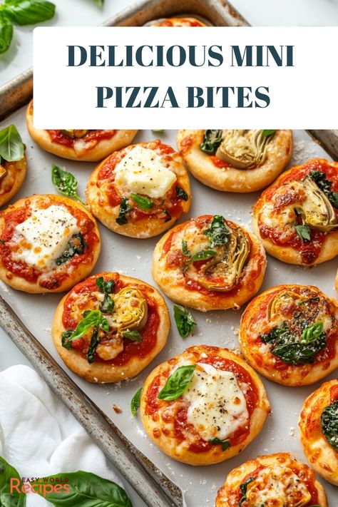 Make delicious mini pizzettas with a simple homemade pizza dough, topped with tomato sauce, cheese, and fresh basil. Customize your bite-sized pizzas with endless topping options like pepperoni, olives, and artichokes. Finger Foods Pizza, Mini Pizza Appetizers Finger Foods, Pizza Appetizer Recipes, Mini Pizza Cups, Simple Italian Appetizers, Pizza Bites With Pizza Dough, Pizza Appetizers Appetizer Ideas, Pizza Dough Appetizers Ideas, Italian Dinner Appetizers