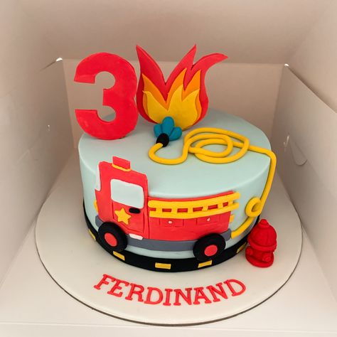 Fire engine cake Fondant cake Cake With Firetruck, Fire Station Birthday Cake, 3rd Birthday Firetruck Cake, Birthday Cake Firefighter, Fire Truck Cake Ideas, Fire Engine Party Ideas, Birthday Cake Fire Truck, Firefighter Birthday Party Cake, Firefighter Cake Ideas Kids