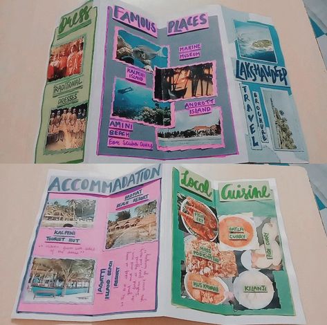 School Project Brochure Ideas, Lakshadweep Travel Brochure, Sikkim Brochure Handmade, Brochure Design Diy, Brochure Design Ideas Creative, Travel Broucher Handmade, Brocher Design Aesthetic, Travelogue Ideas For School Project, Handmade Travel Brochure Ideas