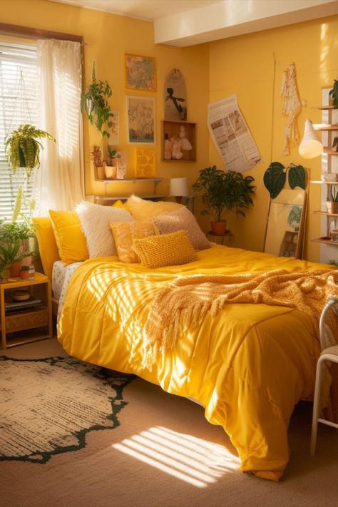 yellow dorm room decor Dorm Room Ideas Bohemian, Yellow Dorm Room Ideas, Yellow Dorm Room, Yellow Bedroom Walls, Yellow Room Decor, Room Ideas Bohemian, Room Decor Inspiration, Brown Rooms, Dorm Room Ideas