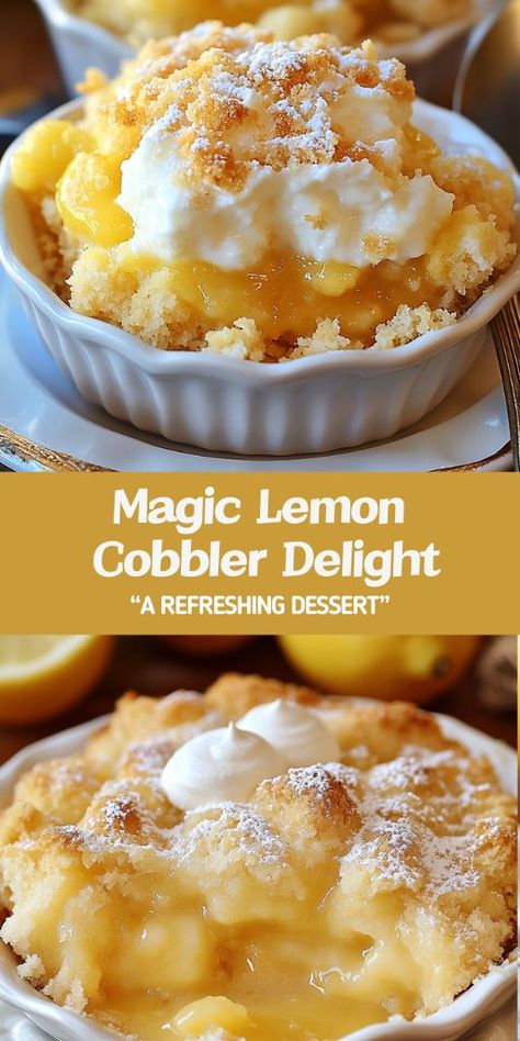 Magic Lemon Cobbler Delight is the perfect blend of tart and sweet, featuring a zesty lemon filling and buttery golden crust. Serve it warm with ice cream for a refreshing dessert that's easy to make and sure to impress.  Ingredients:  1/2 cup unsalted butter 1 cup all-purpose flour 1 1/2 cups granulated sugar, divided 1 tablespoon baking powder 1/4 teaspoon salt 1 cup milk 1/4 cup lemon juice Zest of 1 lemon 2 cups hot water Thanksgiving Lemon Desserts, Bonne Maman Lemon Curd Recipes, Fresh Lemon Recipes Desserts, Lemon Pudding Cupcakes, Lemon Holiday Desserts, What To Make With Fresh Lemons, Recipes To Use Lemon Curd, Winter Lemon Desserts, Lemon Curd Recipes Desserts