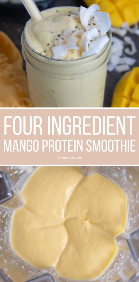 Boost your day with this mango protein smoothie recipe! Packed with 35 grams of protein and using frozen mango, this healthy smoothie is delightfully creamy and tropical. It's the perfect way to energize your mornings or replenish after a workout with a taste of the tropics! Scooters Mango Smoothie Recipe, Mango Protein Smoothie Recipe, Mango Protein Smoothie, 35 Grams Of Protein, Mango Oatmeal, Vanilla Protein Smoothie, Smoothie Fast, Mango Smoothie Recipe, Nutribullet Smoothies