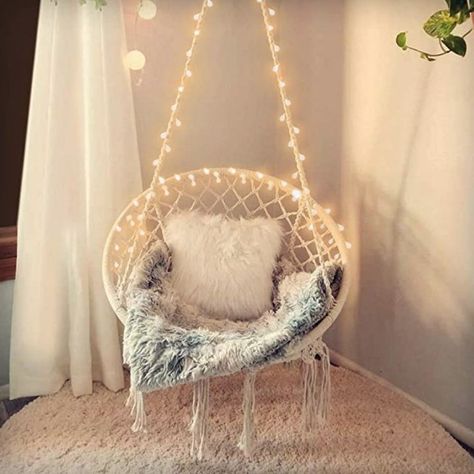 A hammock chair with lights because spring cleaning means upgrading your living room and hanging a cute, snuggly hammock chair next to your coffee table. Bedroom Hammock Chair, Hammock In Bedroom, Bedroom Swing, Macrame Swing, Purple Girl, Hanging Hammock Chair, Room Aesthetics, Hanging Hammock, Outdoor Bedroom