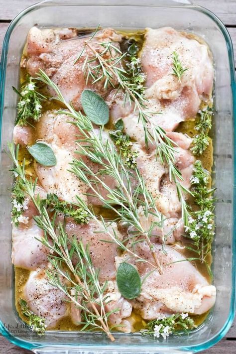 Balsamic Herb Baked Chicken Thighs is an herb-garden inspired recipe that has Winter savory & rosemary sprigs and fresh sage leaves with balsamic vinegar, olive oil and optional garlic. #garlic #chicken #chickenthighs #wintersavory #maindishes #sage #rosemary #oliveoil #marinade