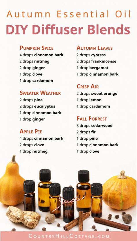 Learn how to make your home smell like autumn with 6 seasonal essential oil blends for fall! Autumn essential oils provide cozy fall fragrances & calming natural scents to enjoy all season long. Fall essential oil diffuser blend recipes are easy and will help you relax. The DIY essential oil blends are great air freshener and good for aromatherapy, home fragrance, relaxation, focus, energy & purification. #diffuserblends #essentialoils #fall #autumn #aromatherapy #diy | countryhillcottag Fragrance Oil Recipes, Diy Diffuser Blends, Essential Oil Diy, Cosy Fall, Fall Essential Oils, Fall Diffuser Blends, Fragrance Oil Blends, Essential Oil Diffuser Blends Recipes, Diy Essentials