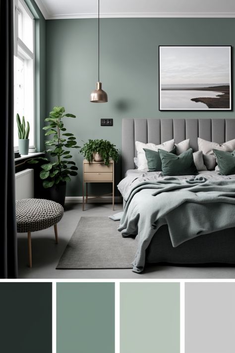 The Scandinavian style bedroom is a haven of tranquility and minimalist elegance, where simplicity meets functionality, and comfort is paramount. This design philosophy, rooted in the Nordic principles of beauty, simplicity, and utility, transforms the bedroom into a serene and inviting space. Green Grey Wood Bedroom, Green Scandinavian Interior, Silver And Green Bedroom, Green Grey White Bedroom, Grey Green Bedroom Ideas, Simple Green Bedroom, Green And Grey Room, Sage And Grey Bedroom, Grey Green Bedroom