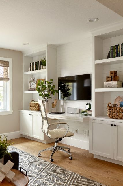 Oak Tree Circle by Robson Homes - Transitional - Home Office - San Francisco - by Agnieszka Jakubowicz PHOTOGRAPHY | Houzz Transitional Desk Office Spaces, Chair Next To Bookshelf, Living Working Space, Desk In Formal Living Room, Formal Living Room Turned Study, Free Standing Built Ins, Light Bright Home Office, Home Office Light Colors, Master With Office Area