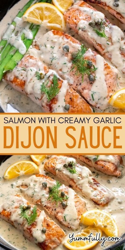 Salmon Dishes Dinners Meals, Winter Fish Recipes, King Salmon Recipe, Bariatric Puree, Salmon Fish Recipes, Salmon Marinades, Garlic Dijon Sauce, Salmon Sauce Recipes, Creamy Dijon Sauce