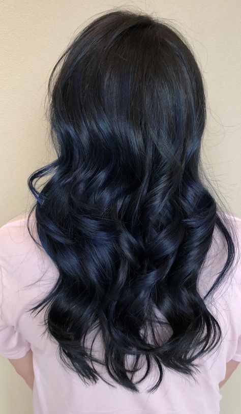 Dark Hair With Blue Undertones, Blueberry Blue Hair, Darkest Blue Hair, Dark Royal Blue Hair, Navy Blue And Black Hair, Moonlight Blue Hair, Navy Blue Balayage, Navy Blue Black Hair, Navy Black Hair