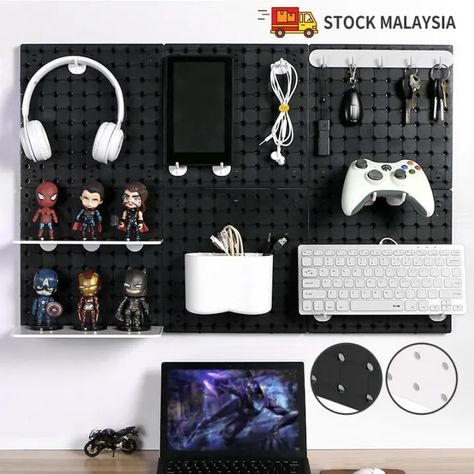 gaming pegboard with controllers - Google Search Pegboard Gaming, Peg Board Walls, Ikea Pegboard, Diy Pegboard, Wall Shelf Rack, Board Game Room, Boys Desk, Wand Organizer, Pegboard Organization