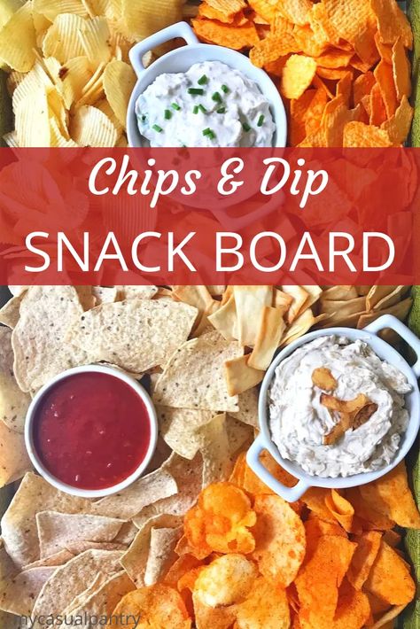 Chips and Dip Snack Board - an assortment of chips and dips is the perfect snack for game day or a great addition to any party food line-up. | mycasualpantry.com #snacks #chipsanddip #appetizers #gameday #potatochips Chip And Dip Tray Ideas, Chip Tray Ideas, Chip And Dip Charcuterie Boards, How To Serve Chips And Dip At A Party, Ways To Serve Chips At A Party, Chips And Dip Board Ideas, Chips Charcuterie Board Ideas, Chip And Dip Party Tray Ideas, Chip And Dip Platter Ideas