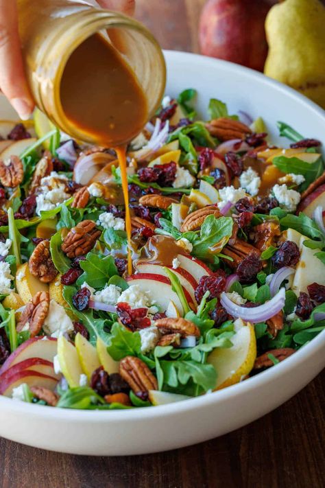 Pear Salad with Balsamic Vinaigrette Harvest Salad Dressing Recipes, Pear Salad Dressing Vinaigrette, Autumn Pear Salad, Pear Balsamic Salad, Fall Salad For Thanksgiving, Natashas Kitchen Recipes Salads, Fall Pear Salad Recipes, Arugula Balsamic Salad, Lettuce Salad With Apples