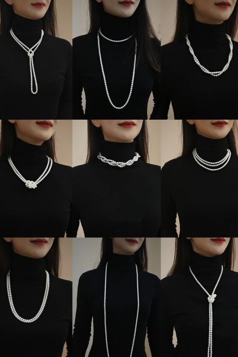 Did you know that a long pearl necklace can be styled in numerous creative ways? Its versatility allows you to transform your look and express your personal style in various ways. #pearls #LongNecklaceStyles #VersatileAccessories #JewelryInspiration #pearlguide #jewelrytips #pearlshopping Pearls Style Outfit, Pearl Style Fashion, Pearl Necklace Turtleneck, Long Necklace Styling, Styling Necklaces Outfit, Styling Pearls Outfit, Casual Pearls Outfit, Black Outfit With Pearls, Outfits With Pearls Necklace