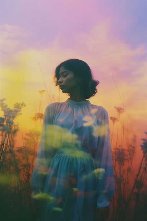 Dreamy ethereal sunset portrait flowers | free image by rawpixel.com Portrait Flowers, Ethereal Photography, Sunset Portrait, Men's Portrait Photography, Debut Photoshoot, Forest Sunset, Moody Photography, Landscape Model, Dreamy Photography