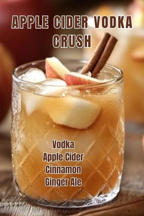 Apple Cider Vodka Crush Apple Cider Whipped Vodka, Drink Recipes With Caramel Vodka, Spiked Cider Recipes Crock Pot, Apple Cider Wine Slushies, Simple Apple Cider Cocktail, Apple Cider Crush, Vodka Apple Cider Cocktail, Honey Vodka Cocktails, Crockpot Apple Cider With Alcohol