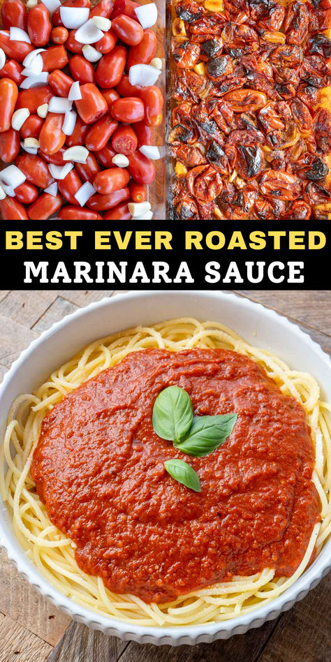 This delicious Roasted Tomato Sauce is easy to make from scratch! You’ll love this versatile homemade sauce recipe with mozzarella sticks, over pasta, in casseroles, and more. Tomato Canning Recipes Pasta Sauces, Diy Red Pasta Sauce, Homemade Pasta Sauce Roma Tomatoes, Homemade Roasted Spaghetti Sauce, How To Make Pasta Sauce With Tomatoes, Red Sauce Dishes, Roasted Tomato Spaghetti Sauce Homemade, Marinara Sauce Homemade Fresh Tomatoes Roasted, Best Homemade Pasta Sauce With Fresh Tomatoes