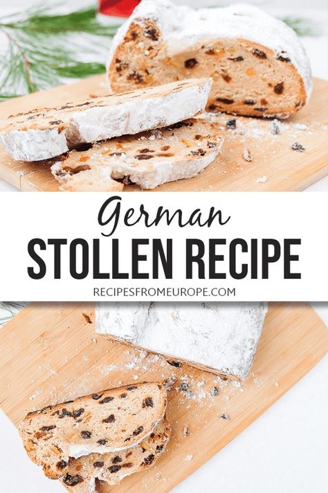 Looking for an authentic German Stollen recipe? This yeasty Christmas bread - packed with candied citrus peel and other flavors - is topped with butter and powdered sugar! #germanrecipes #holidayrecipes German Christmas Bread, Fruit Cake Filling, German Stollen, European Desserts, Stollen Recipe, Candied Citrus, German Food Authentic, Candied Lemon Peel, German Foods