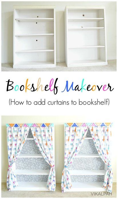 How to Add Curtains to Bookshelf- Bookshelf Makeover : 9 Steps (with Pictures) Cover Bookshelf With Curtain, Classroom Bookshelf Curtains, Bookcase Curtain Ideas, Bookshelf Cover Diy, Diy Bookshelf For Classroom, Bookshelf Curtain Diy, Clothes On Bookshelf Storage Ideas, Curtain On Bookshelf, Diy Easy Bookshelf