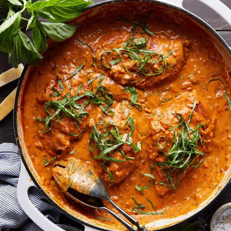 Easy Tomato Basil Chicken (Creamy) - Bites with Bri Quick Meatball Recipes, Dutch Oven Pork Chops, Tomato Basil Chicken Recipe, Tomato Basil Pasta Sauce, Tomato Basil Chicken, Moist Chicken, Tomato Basil Pasta, Basil Sauce, Basil Chicken