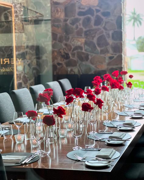 We love adding a bit of drama in the tables with flowers 🌹🌹 fabulous red roses and tea lights all set up for T&M’s gorgeous engagement party at @yeringstation ✨ Wine Red Wedding Theme Table Settings, Red Rose Decorations Wedding, Wedding Red Roses Theme, Red Roses Table Setting, Red Rose Wedding Theme Decor, Roses Centerpieces Ideas, Rose Dinner Party, Roses Table Setting, Red Roses Wedding Decor