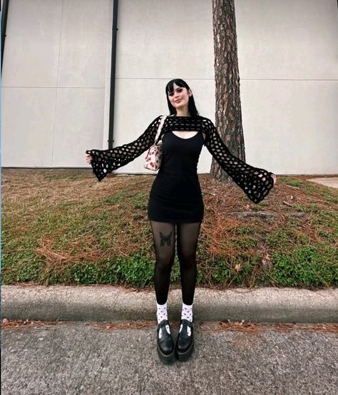 Vampy 90s Aesthetic, Goth Romper Outfit, Goth Mini Dress Outfit, Date Night Outfit Alternative, Doc Martens Outfit All Black, Alternive Outfits, Alt Biker Shorts Outfit, Black Dress Outfit Grunge, Grunge Vampire Outfit