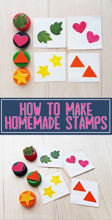 Homemade stamps - How to make a stamp tutorial Diy Paint Stamp, Home Made Stamps For Kids, Stamp Diy How To Make, Sponge Stamps Diy, How To Make A Rubber Stamp, Easy Diy Stamps Homemade, Diy Stamps For Kids, How To Make Your Own Stamp, Making Stamps Diy