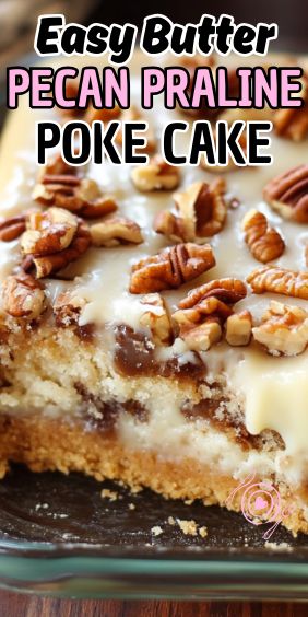 Easy Butter Pecan Praline Poke Cake Praline Pecan Poke Cake, Pecan Poke Cake Condensed Milk, Pecan Poke Cake Recipes, Pecan Pie Dump Cake Easy, Butter Pecan Praline Poke Cake Easy, Butter Pecan Poke Cake Recipes, Butter Pecan Praline Poke Cake Recipe, Butter Pecan Dump Cake, Poke Cakes Recipes Easy