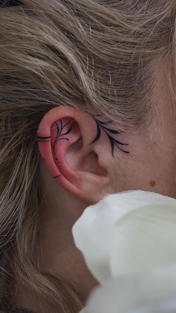 Snake In Ear Tattoo, Snake Tattoo Ear, Small Snake Tattoo Behind Ear, Ear Tattoo Outer, Leaf Ear Tattoo, Inner Ear Leaf Tattoo, Eat Tattoo, Inner Ear Tattoo, Ear Tattoos