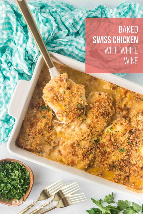 Baked Swiss Chicken with White Wine is a delicious family favorite—creamy white wine sauce and slightly crunchy stuffing mix are the perfect complement to gooey Swiss cheese over chicken breasts. Baked Swiss Chicken, Chicken White Wine, Crunchy Stuffing, Chicken In Wine Sauce, Swiss Cheese Recipes, Swiss Chicken Bake, Chicken White Wine Sauce, Pepperidge Farm Stuffing, Newest Recipes