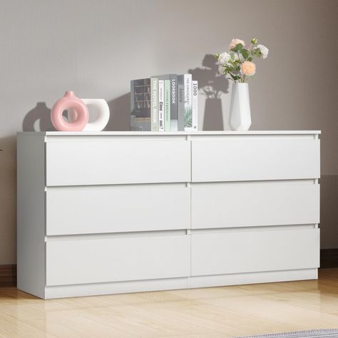 PRICES MAY VARY. Modern Design Bedroom Dressers - Wooden 6 drawer dressers for bedroom feature a sleek and contemporary white finish and wood cut-out handles, easily adapted to any modern bedroom decor. Ample Storage Modern Dresser - With 6 spacious deep drawers, this wood dressers for bedroom provides plenty of room to store your clothes or accessories. Meet your daily storage needs Durable Large Dresser for Bedroom - Crafted with high-quality particle board, this bedroom wood dresser is built Dresser 60”, Bed Frame And Dresser Set, Shelves Over Dresser, White Dresser Bedroom Decor, Dresser Preppy, Desk And Dresser Combo, Kids Room Dresser, Bedroom White Dresser, Malm Dresser Decor