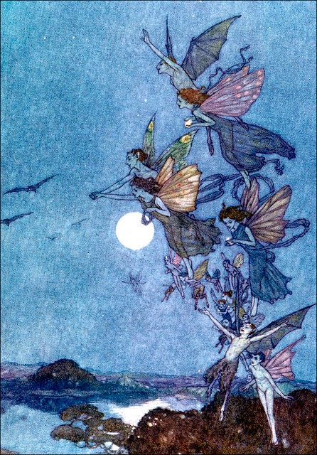 DULAC, Edmund (1882-1953). The Tempest, 1908. | Halloween HJB | Flickr Group Of Fairies, Vintage Book Illustration, Fairies Flying, Edmund Dulac, Horse Cards, The Tempest, Fairy Illustration, Fairytale Art, William Shakespeare