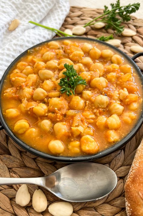 The BEST-EVER Canned Garbanzo Bean Stew | Garbanzos a la Catalana Recipe Garbanzo Bean Breakfast, Garbanzo Bean Stew, Puerto Rican Garbanzo Bean Recipes, Garbanzo Cuban Recipe, Cuban Garbanzo Bean Recipes, Gabazo Beans Recipes, Garbanzo Bean And Rice Recipes, Garbanzo Soup, Cuban Garbanzo Bean Soup