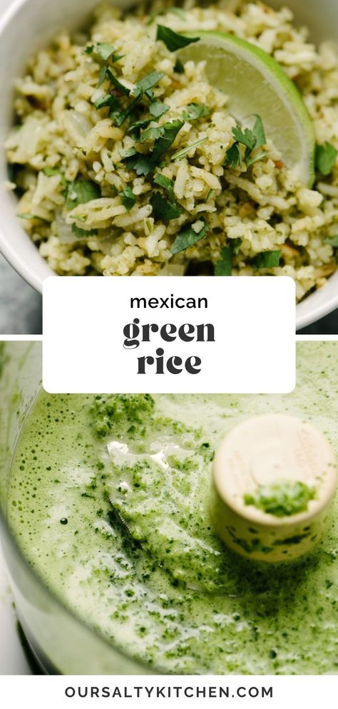 If you've been serving your tacos with mexican rice, give green rice (arroz verde) a try for your next Taco Tuesday! Mexican green rice is a flavorful variation of classic rice pilaf. Long grain white rice is toasted then simmered in a poblano and jalapeno puree with plenty of fresh cilantro, parsley, onion, and garlic. It's a terrific side dish to round out tacos, or use as a base for burritos and bowls. #rice #mexicanrecipes #sidedishes Mexican Green Rice, Green Rice Recipe, Tex Mex Salad, Spicy Chicken Tacos, Cilantro Rice, Green Rice, Healthy Mexican Recipes, Healthy Mexican, Green Salsa