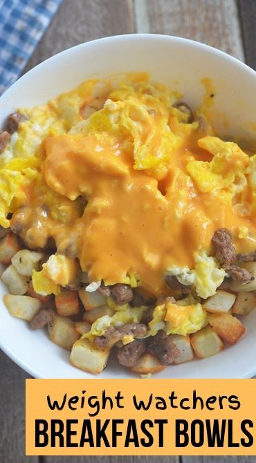 Weight Watchers Breakfast Bowls loaded with turkey sausage, hash browns, cheese sauce and eggs. Guaranteed to keep you full all morning! Freestyle Weight Watcher Recipes Breakfast Ww Hashbrown Recipes, We Meal Prep Lunch, Low Ww Point Breakfasts, Weight Watcher Make Ahead Meals, Weight Watchers Recipes 2023 Plan, Weight Weighters Recipes, Ww Omelette Recipe, Ww Breakfast Tacos, Ww 0 Point Breakfast