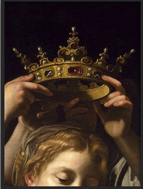 Crown Being Placed On Head, Poet Esthetics, Queen Painting Aesthetic, Female King Aesthetic, Crowning Aesthetic, Crown Oil Painting, Placing Crown On Head Reference, Crown Icon Aesthetic, Hands Holding Crown Reference