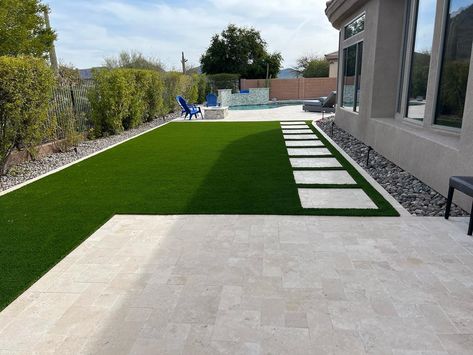 pavers-patios-backyard Cement And Turf Backyard, Las Vegas Backyard Landscaping Ideas, Grass And Pavers Backyard Ideas, Pavers With Turf, Pavers With Grass In Between, Patio Outdoor Ideas, Turf Backyard Ideas, Paved Backyard, Backyard Pavers