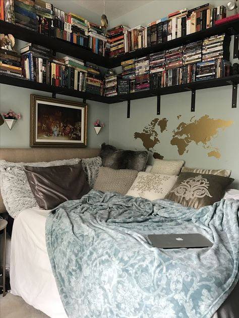 Small Rooms With Bookshelves, Bookshelves In Bedroom Floating, A Readers Bedroom, Bed Next To Bookshelf, Floating Bed In Corner, Overhead Bookshelf Bedroom, Bed In Bookshelf, Bookshelves With Bed, Aesthetic Bedroom With Bookshelves