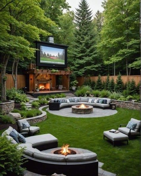 Deck For Backyard, Large Back Garden Design, Secret Outdoor Spaces, Small Backyard With Deck Ideas, Deck And Backyard Ideas, Backyard Fire Pit And Pool, Outdoor Patio Landscaping Ideas, Odd Shaped Deck Ideas, Large Backyard Landscaping Layout